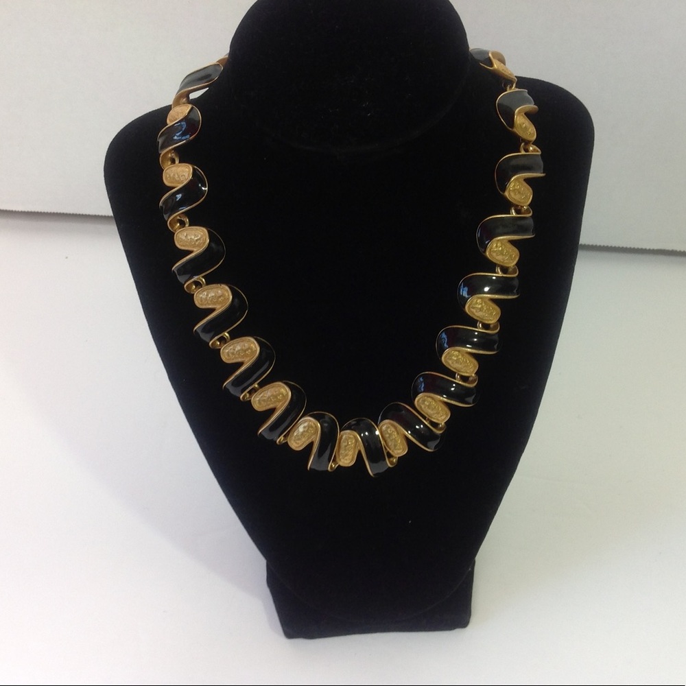 Vintage Black Gold Necklace Swirl Enamel Statement